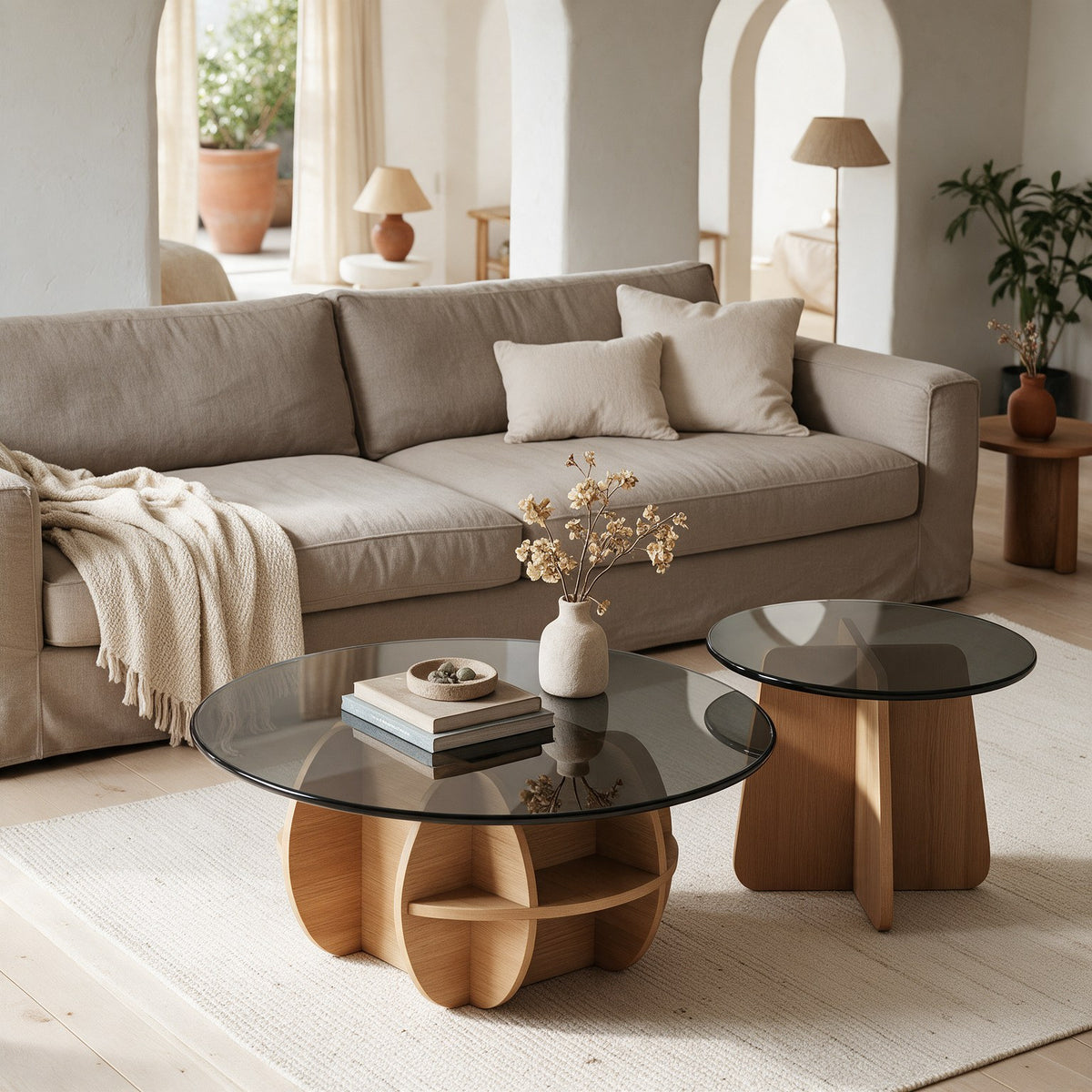 Table basse gigogne Corolle teinte Naturel, mise en situation dans un second salon