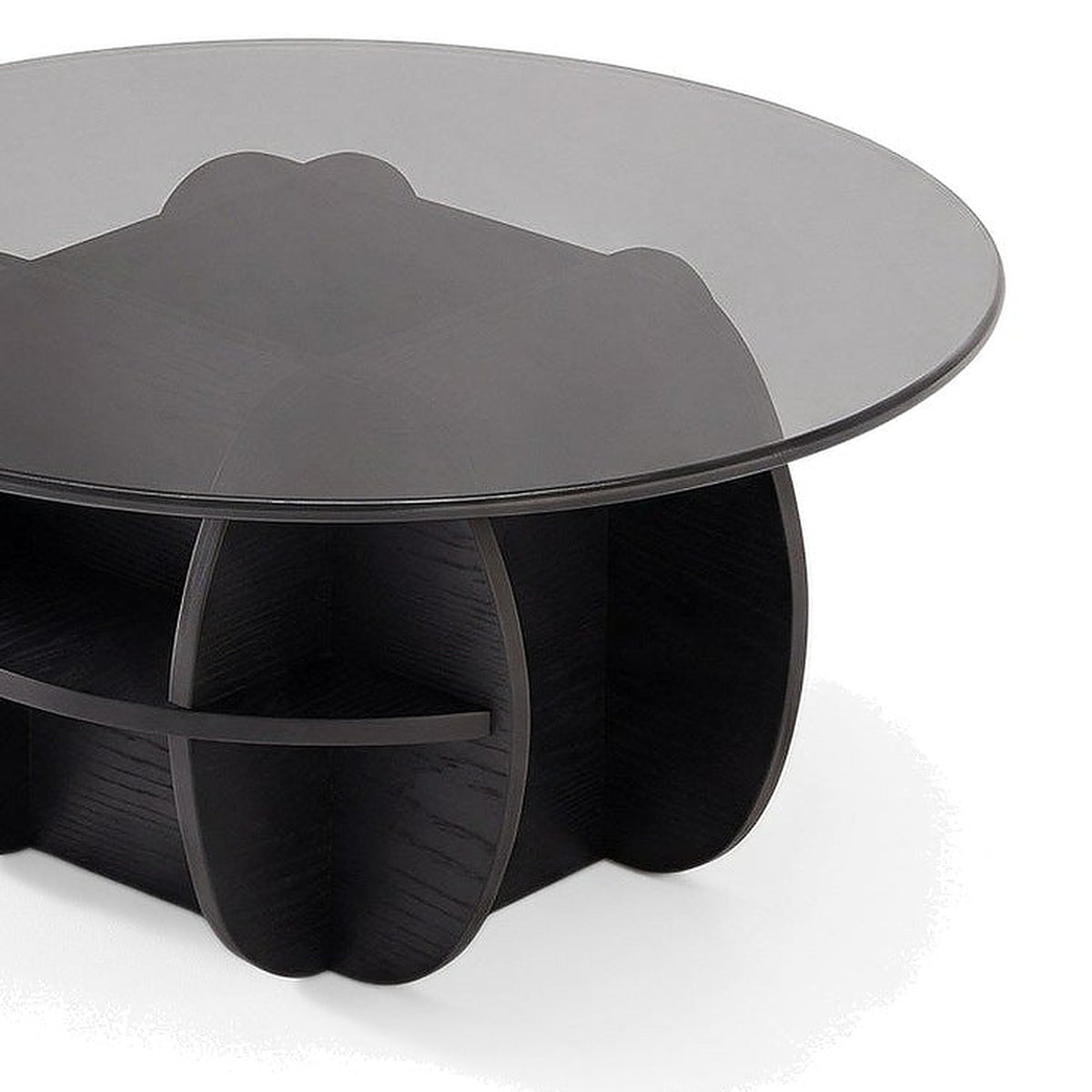 Table basse gigogne Corolle teinte Noir, vue de détail du plateau en verre et de la base