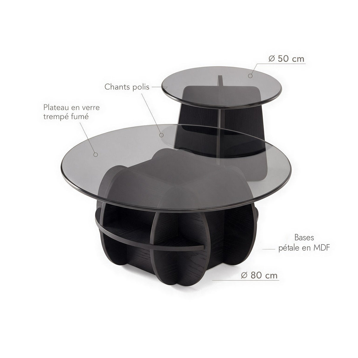 Tables basses gigognes Corolle teinte Noir : dimensions (Ø 80 et Ø 50 cm) et matériaux
