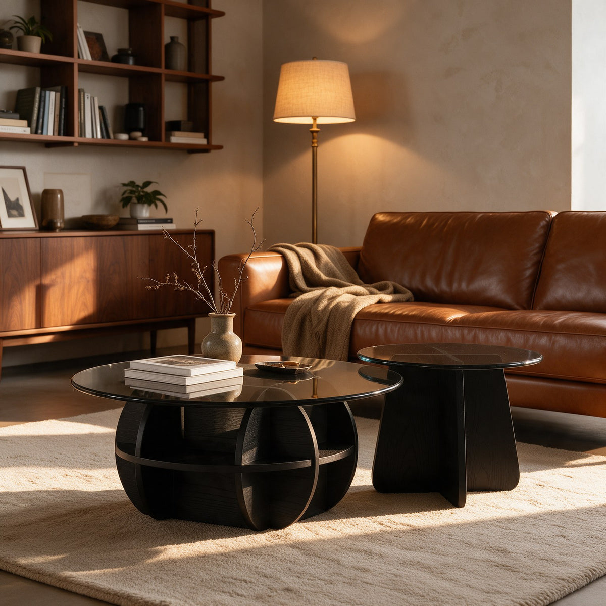 Table basse gigogne Corolle teinte Noir, mise en situation dans un second salon