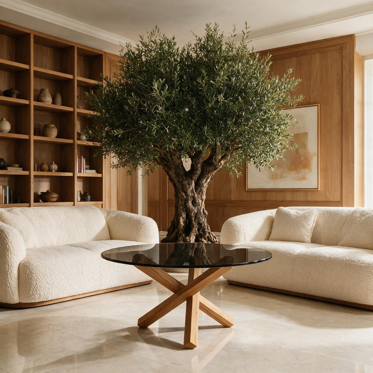Table basse ronde Croisée chêne naturel dans un salon de villa de luxe