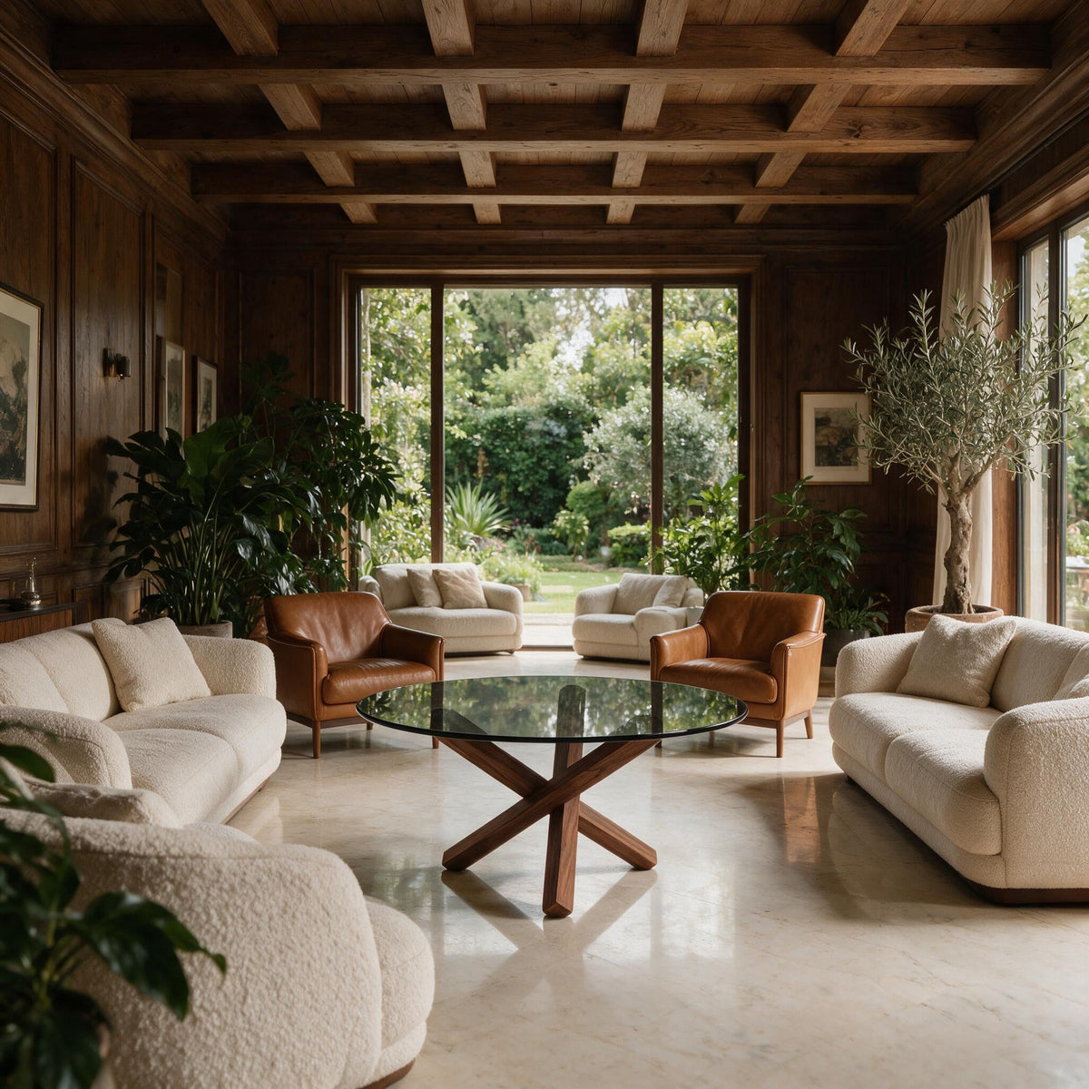 Table basse ronde Croisée chêne naturel, salon avec baie vitrée sur jardin