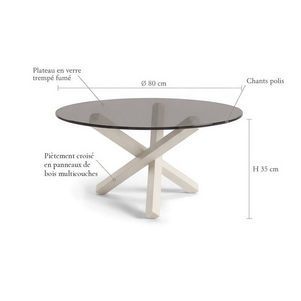 Table basse ronde Croisée teinte Blanc : dimensions (Ø 80 × H 35 cm) et matériaux