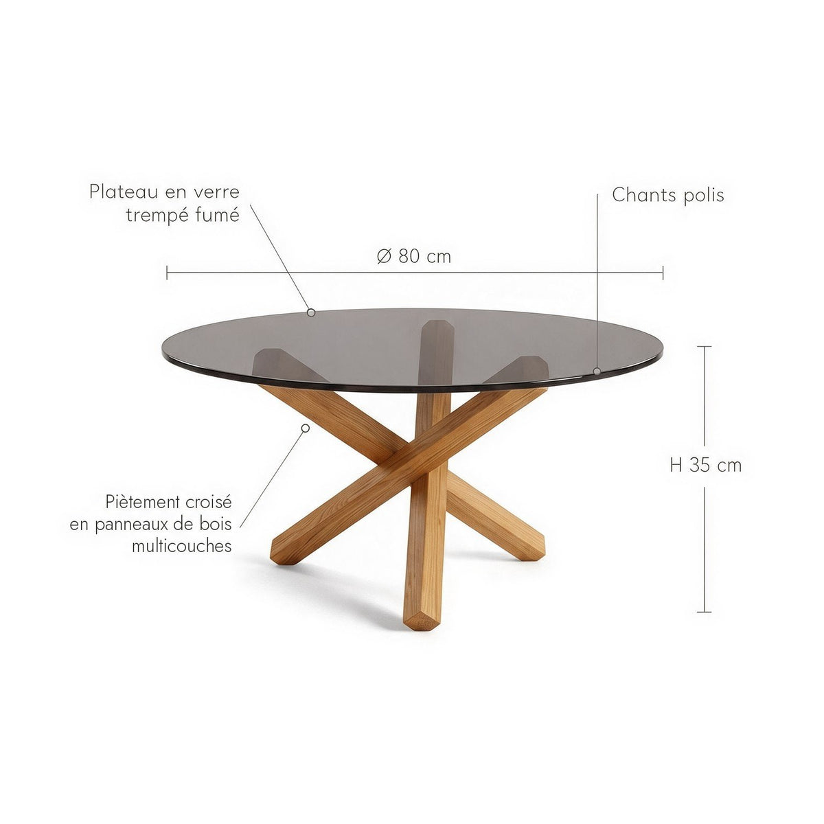 Table basse ronde Croisée : dimensions (Ø 80 × H 35 cm) et matériaux, piètement croisé en panneaux de bois multicouches