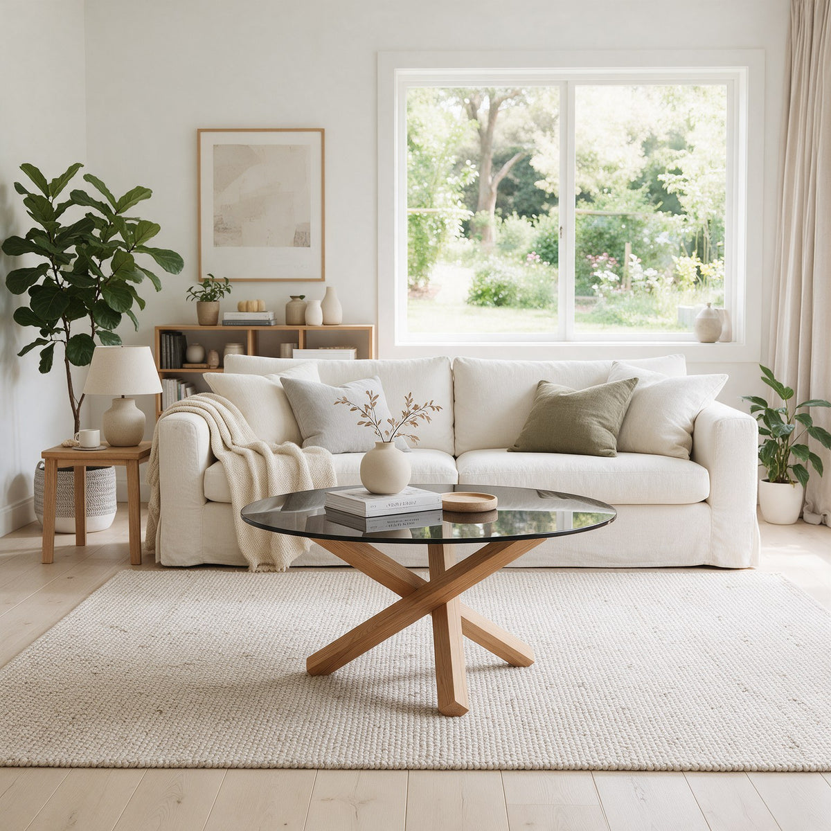 Table basse ronde Croisée teinte Naturel, mise en situation dans un salon