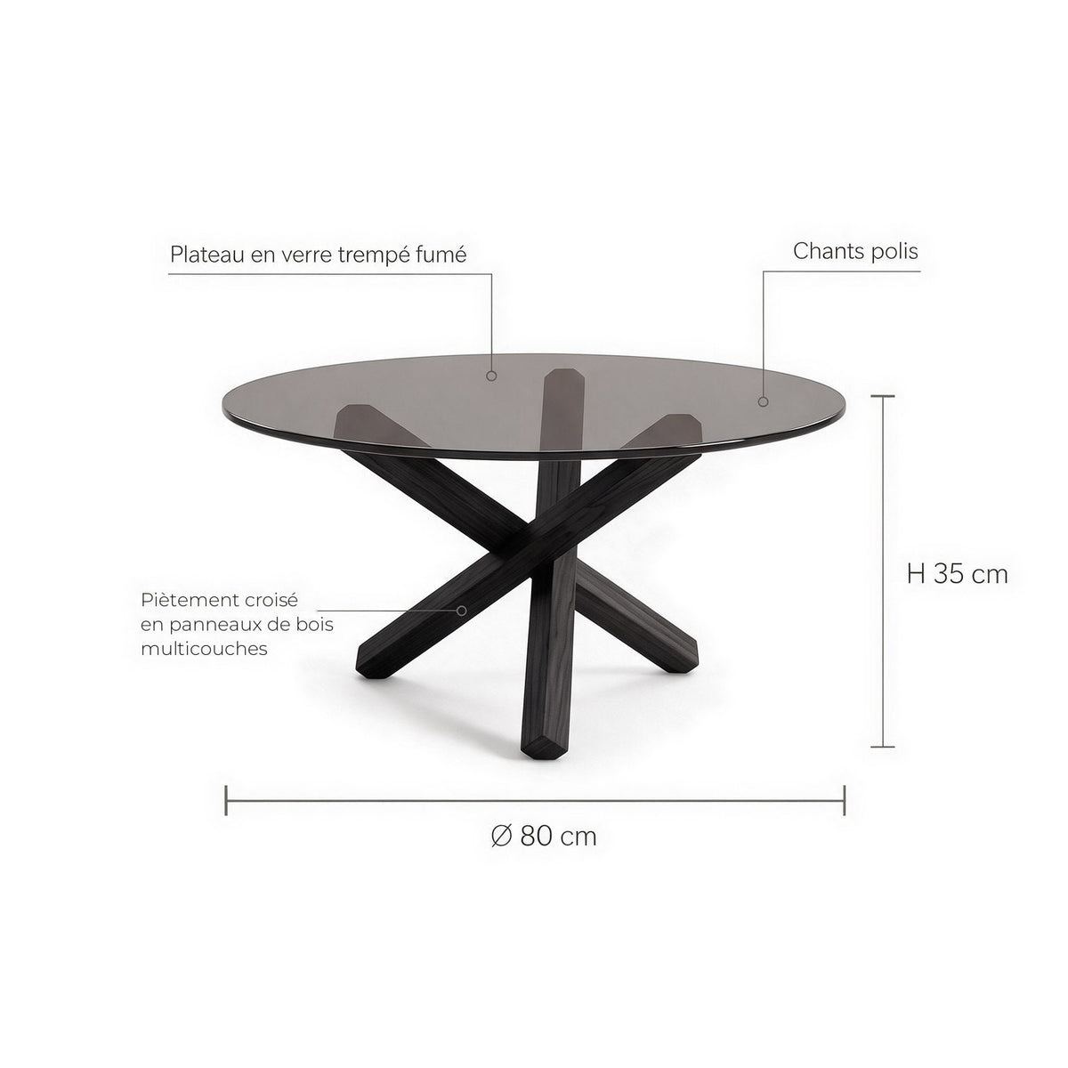 Table basse ronde Croisée teinte Noir : dimensions (Ø 80 × H 35 cm) et matériaux