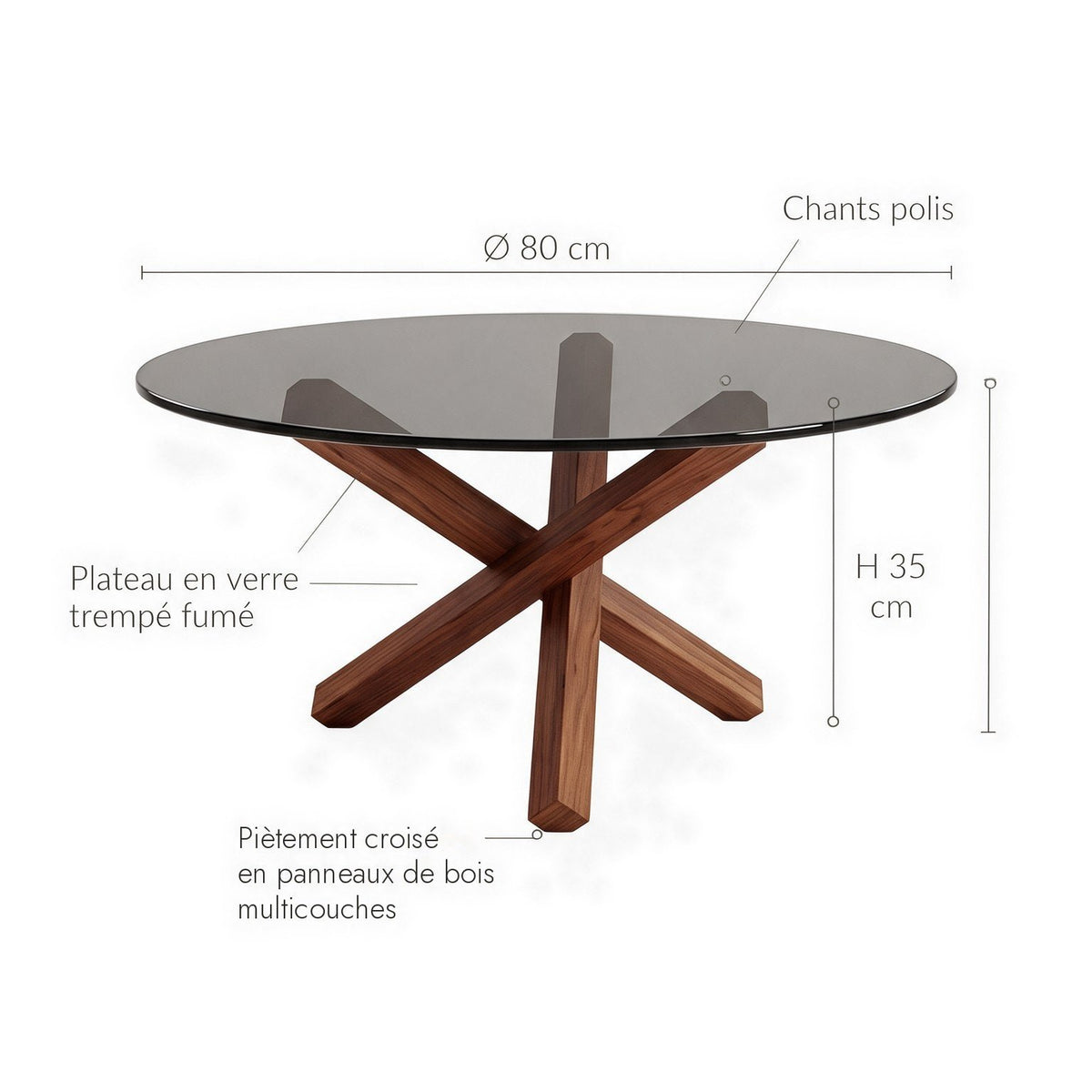 Table basse ronde Croisée teinte Noyer : dimensions (Ø 80 × H 35 cm) et matériaux