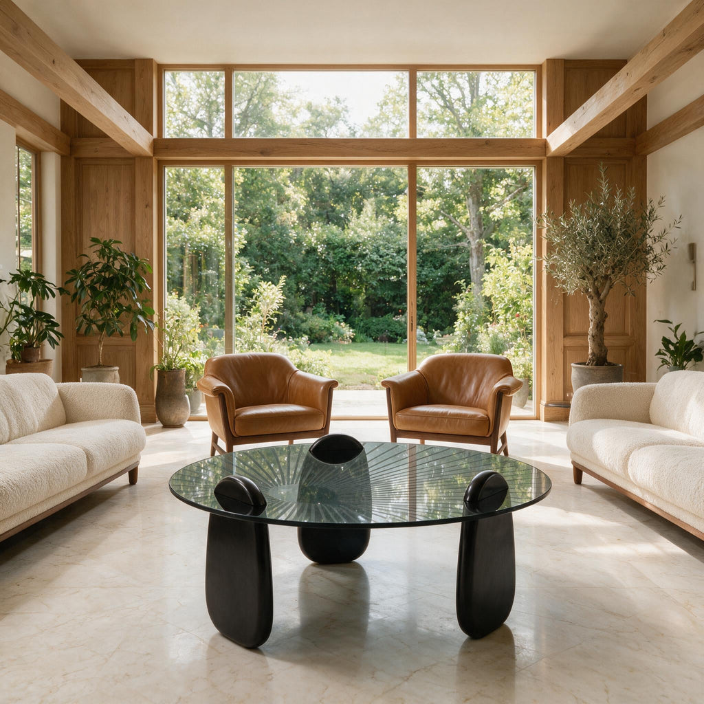 Table basse gigogne Ébène noire, salon avec baie vitrée sur jardin
