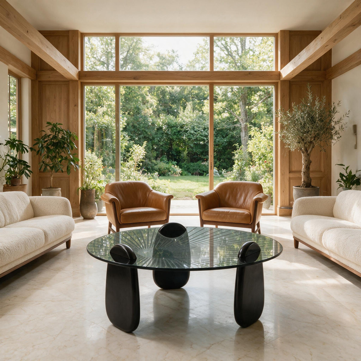 Table basse gigogne Ébène noire, salon avec baie vitrée sur jardin