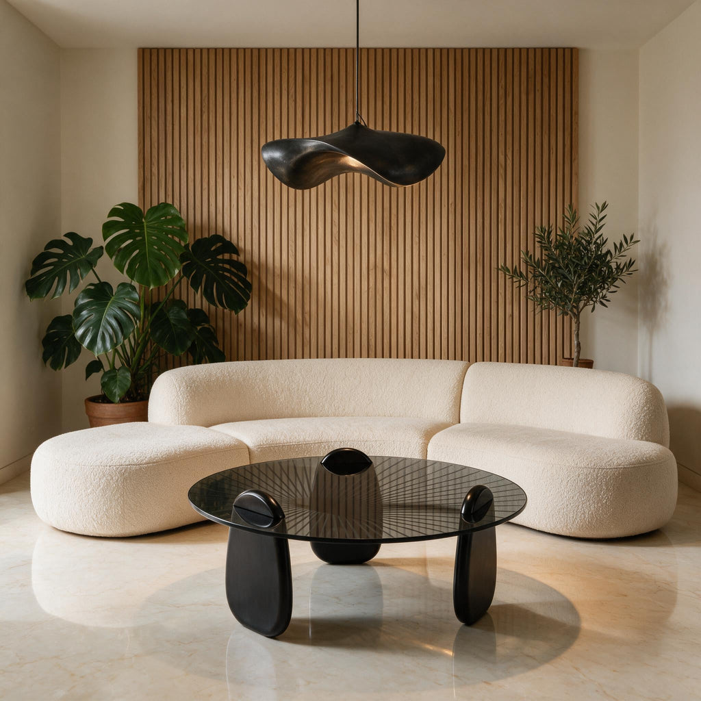 Table basse gigogne Ébène noire, salon contemporain mur à lattes