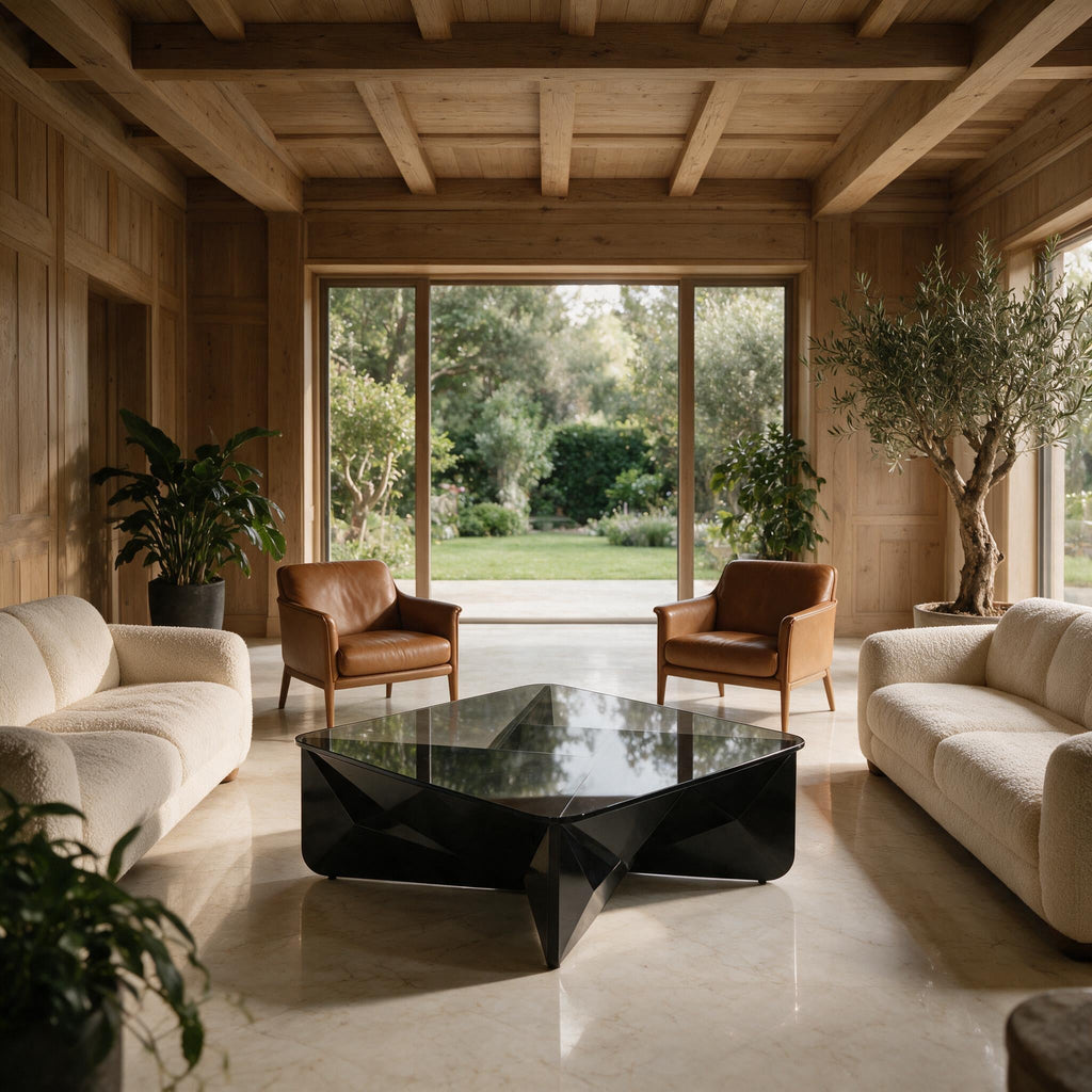 Table basse carrée Onyx noire, salon avec baie vitrée sur jardin