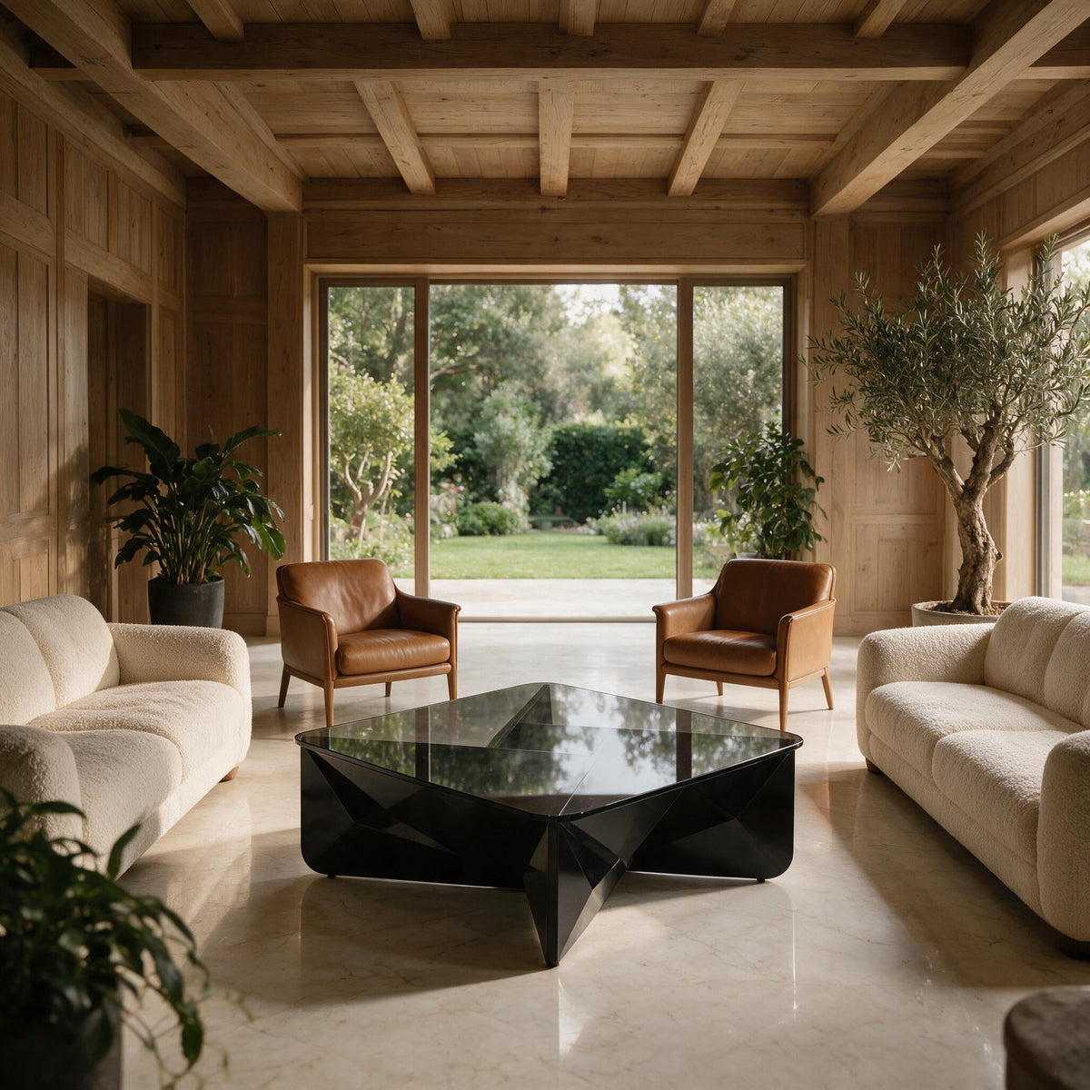 Table basse carrée Onyx noire, salon avec baie vitrée sur jardin