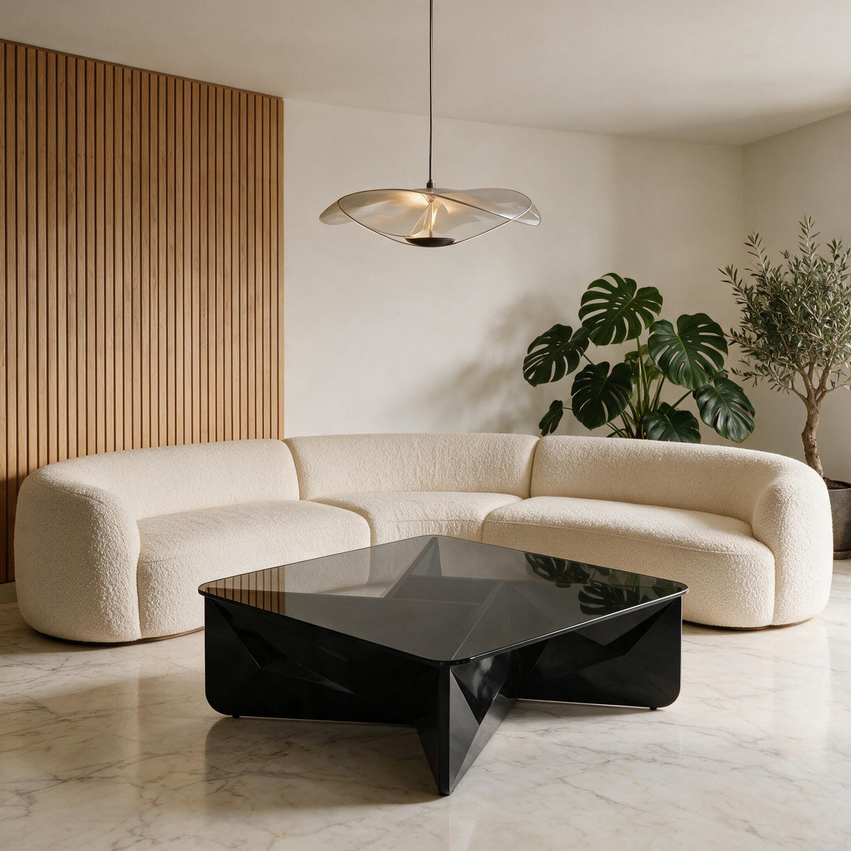 Table basse carrée Onyx noire, salon contemporain mur à lattes