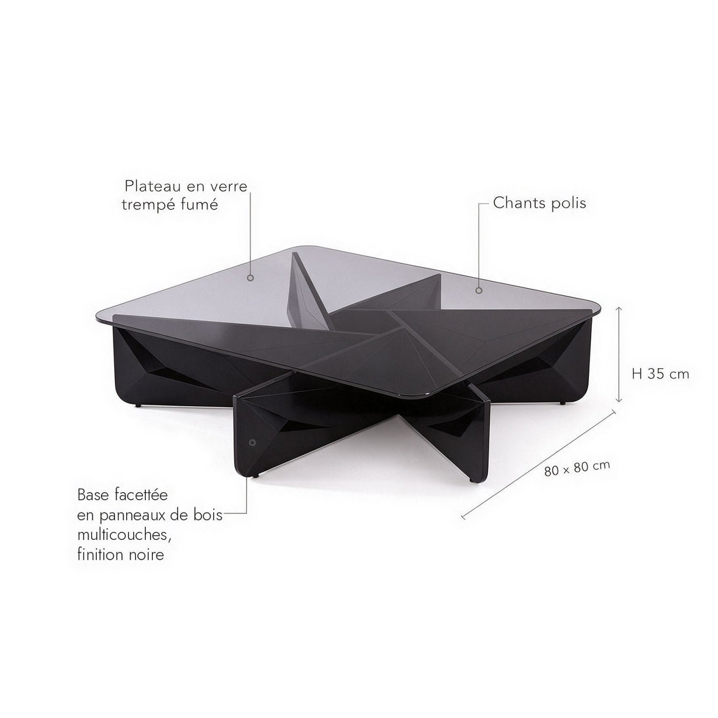 Table basse carrée Onyx : dimensions (80 × 80 × H 35 cm) et matériaux, base facettée en panneaux de bois multicouches finition noire