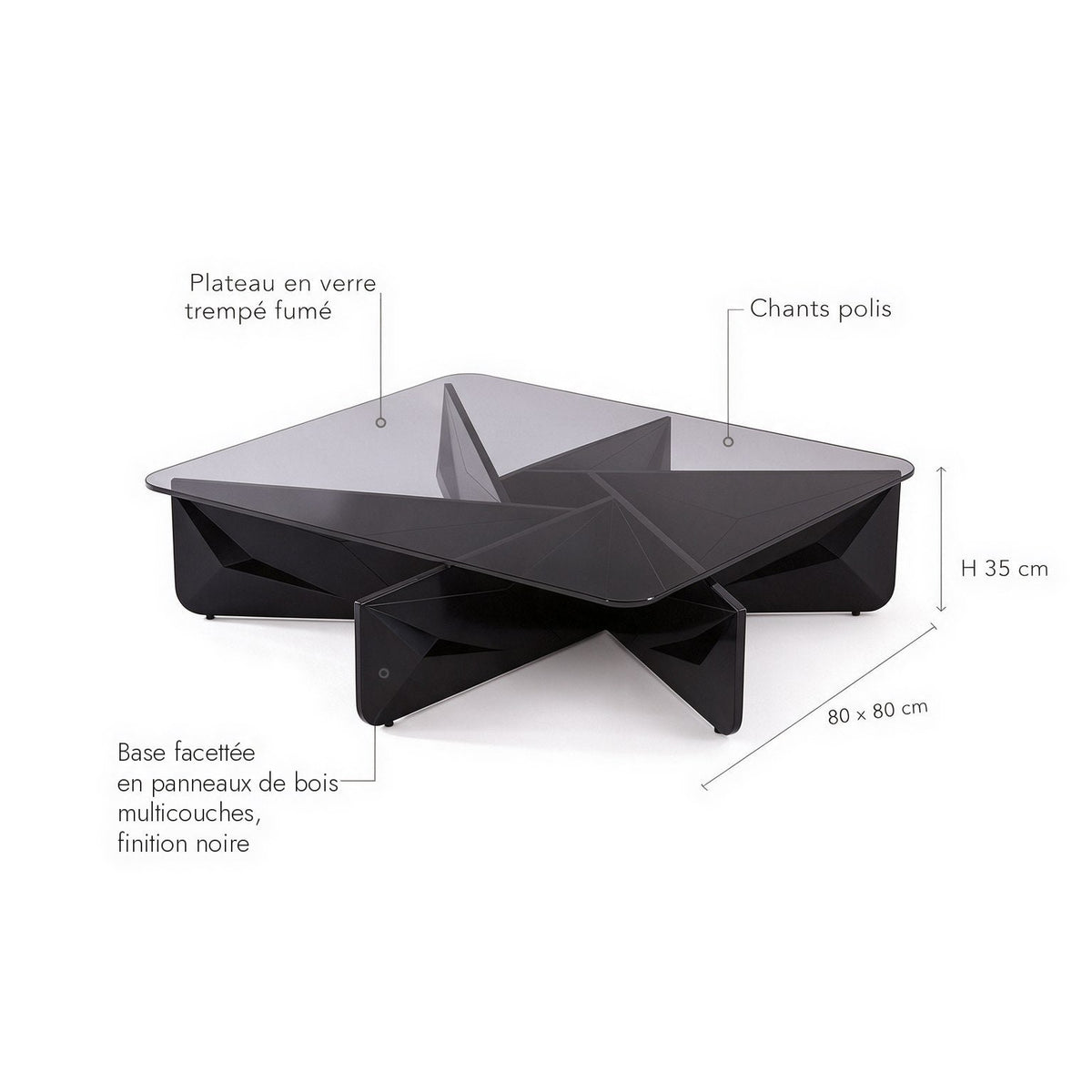 Table basse carrée Onyx : dimensions (80 × 80 × H 35 cm) et matériaux, base facettée en panneaux de bois multicouches finition noire