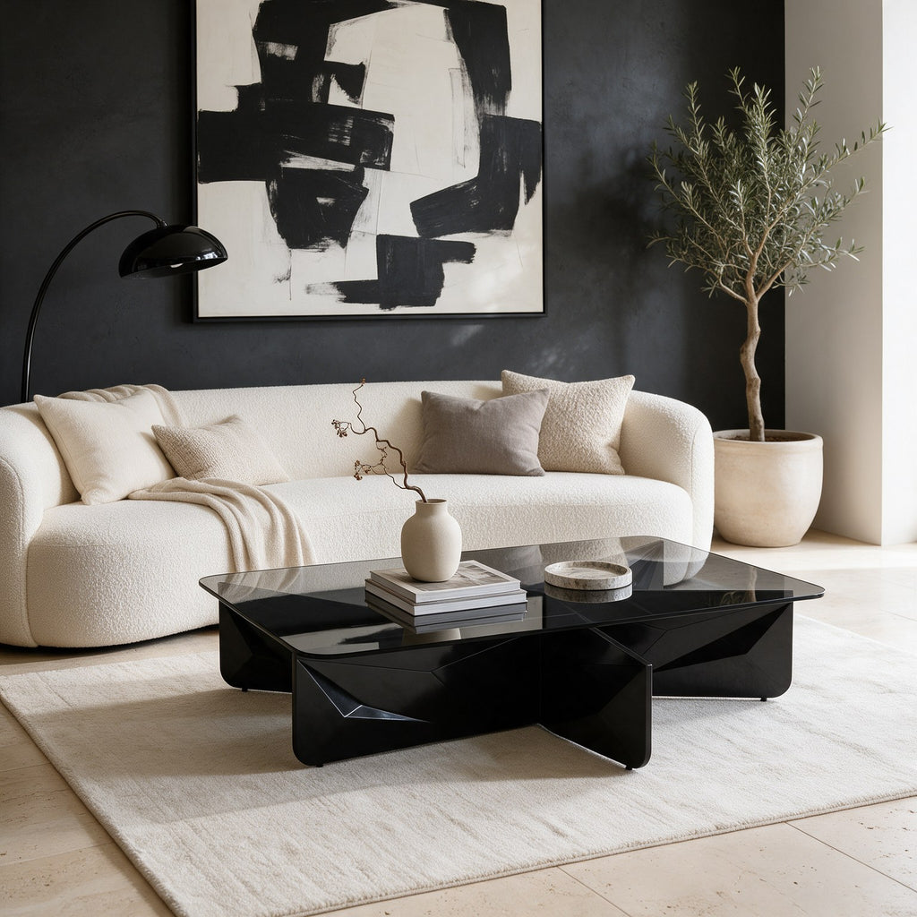Table basse carrée Onyx teinte Noir, mise en situation dans un salon