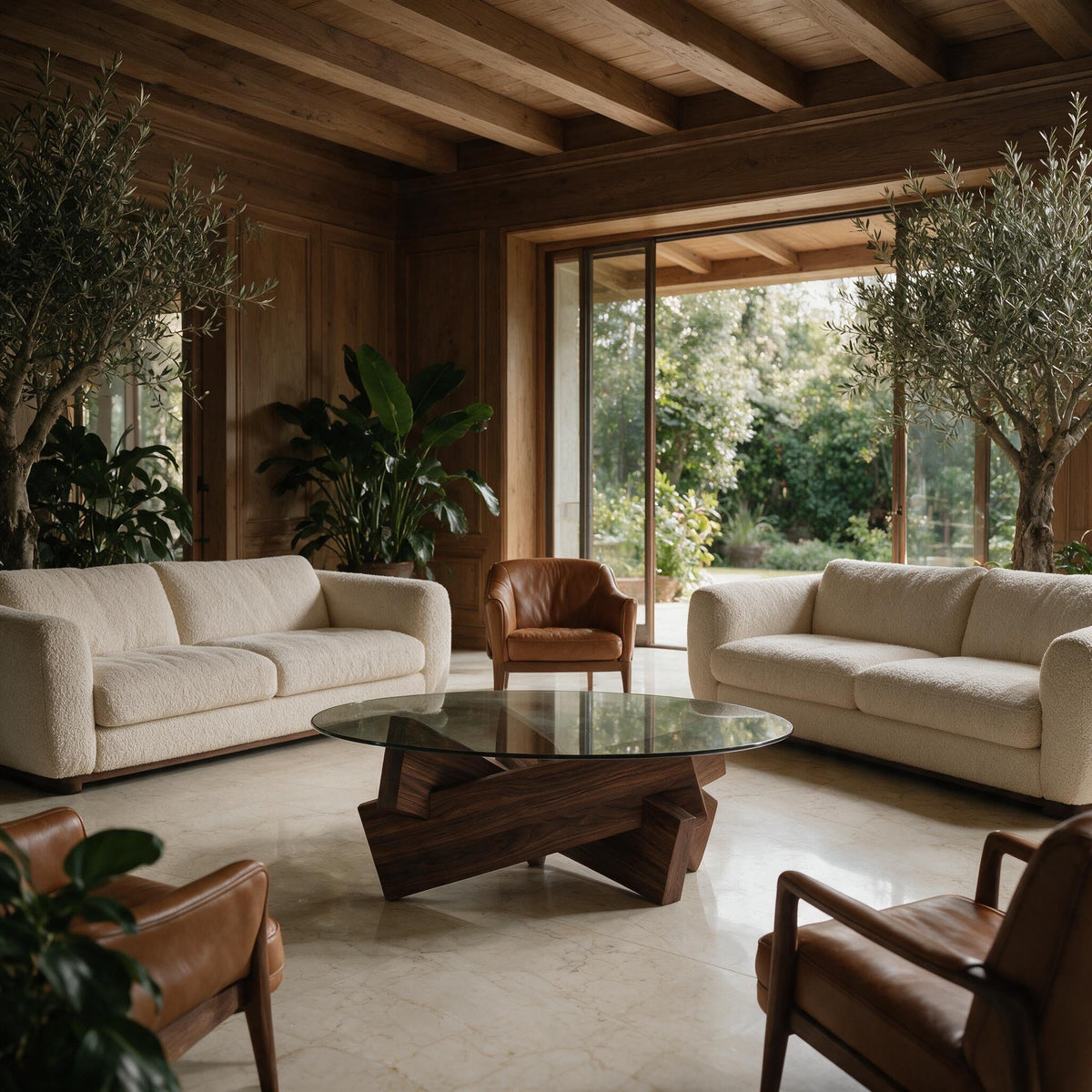 Table basse ronde Orbe piètement noyer, salon lumineux avec baie vitrée sur jardin