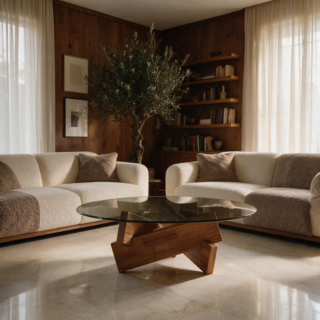 Table basse ronde Orbe en verre et bois naturel dans un salon de villa de luxe