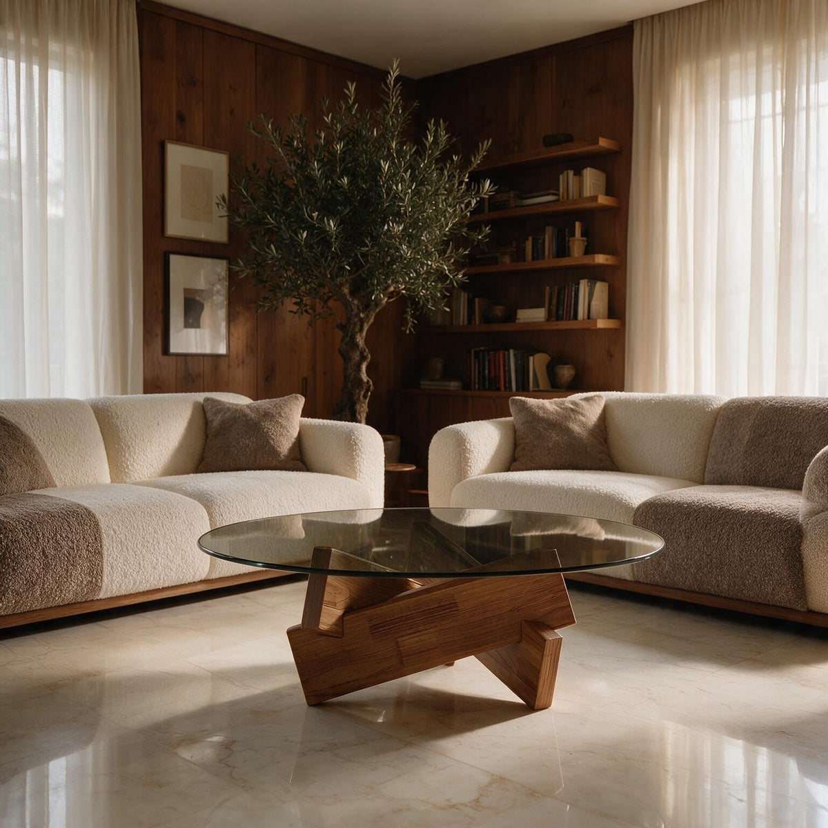 Table basse ronde Orbe en verre et bois naturel dans un salon de villa de luxe