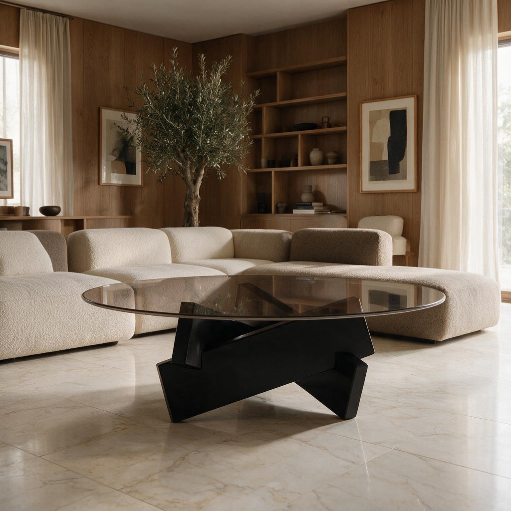 Table basse ronde Orbe piètement noir laqué dans un salon en chêne