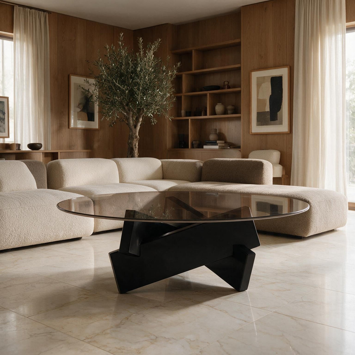 Table basse ronde Orbe piètement noir laqué dans un salon en chêne