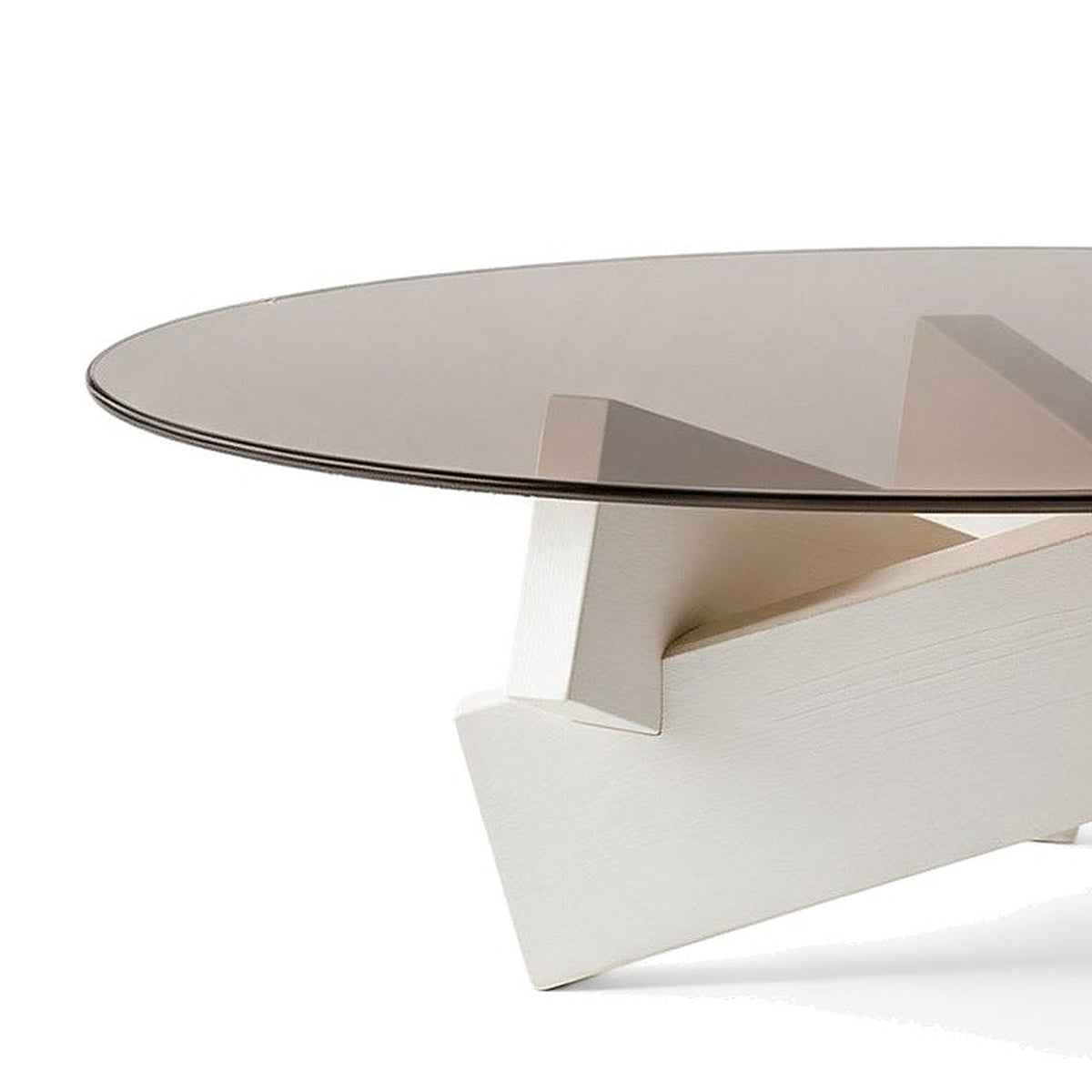 Table basse ronde Orbe teinte Blanc, vue de détail du plateau en verre et du piètement
