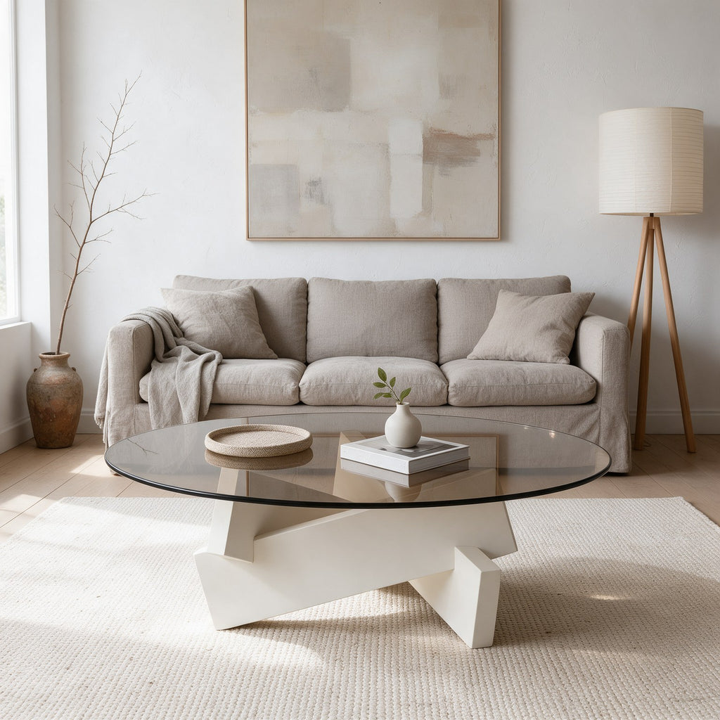 Table basse ronde Orbe teinte Blanc, mise en situation dans un salon