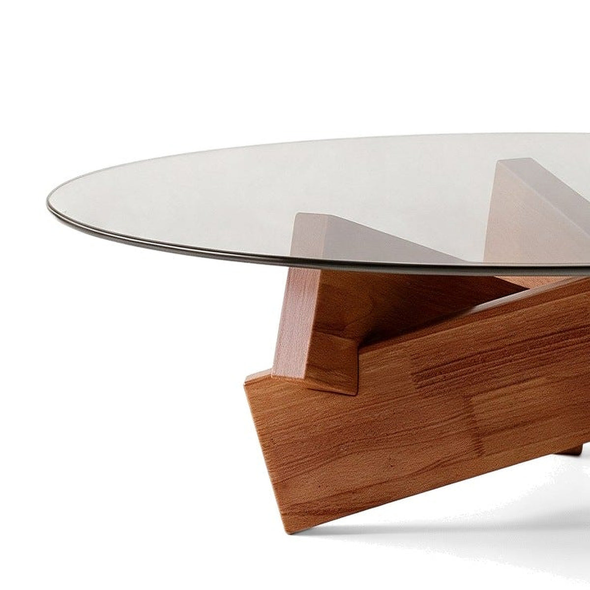Table basse ronde Orbe teinte Naturel, vue de détail du plateau en verre et du piètement