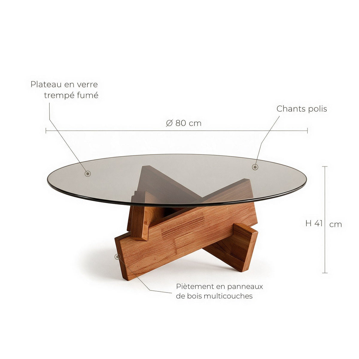 Table basse ronde Orbe : dimensions (Ø 80 × H 41 cm) et matériaux, plateau en verre trempé fumé, piètement en panneaux de bois multicouches