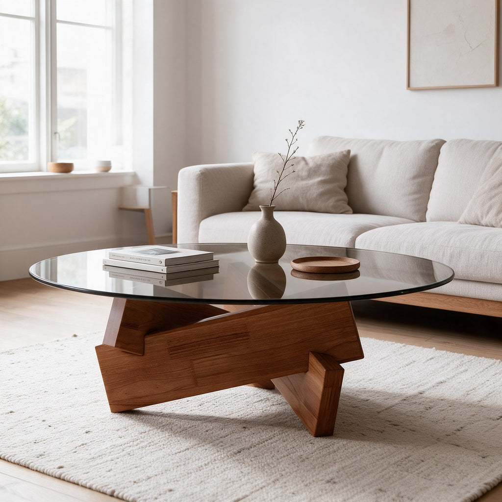 Table basse ronde Orbe teinte Naturel, mise en situation dans un salon