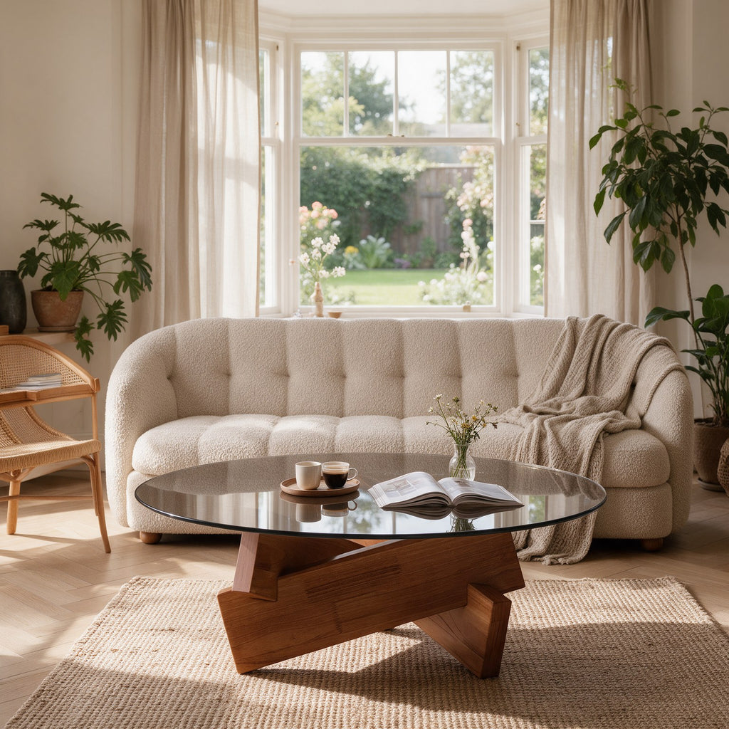 Table basse ronde Orbe teinte Naturel, mise en situation dans un second salon