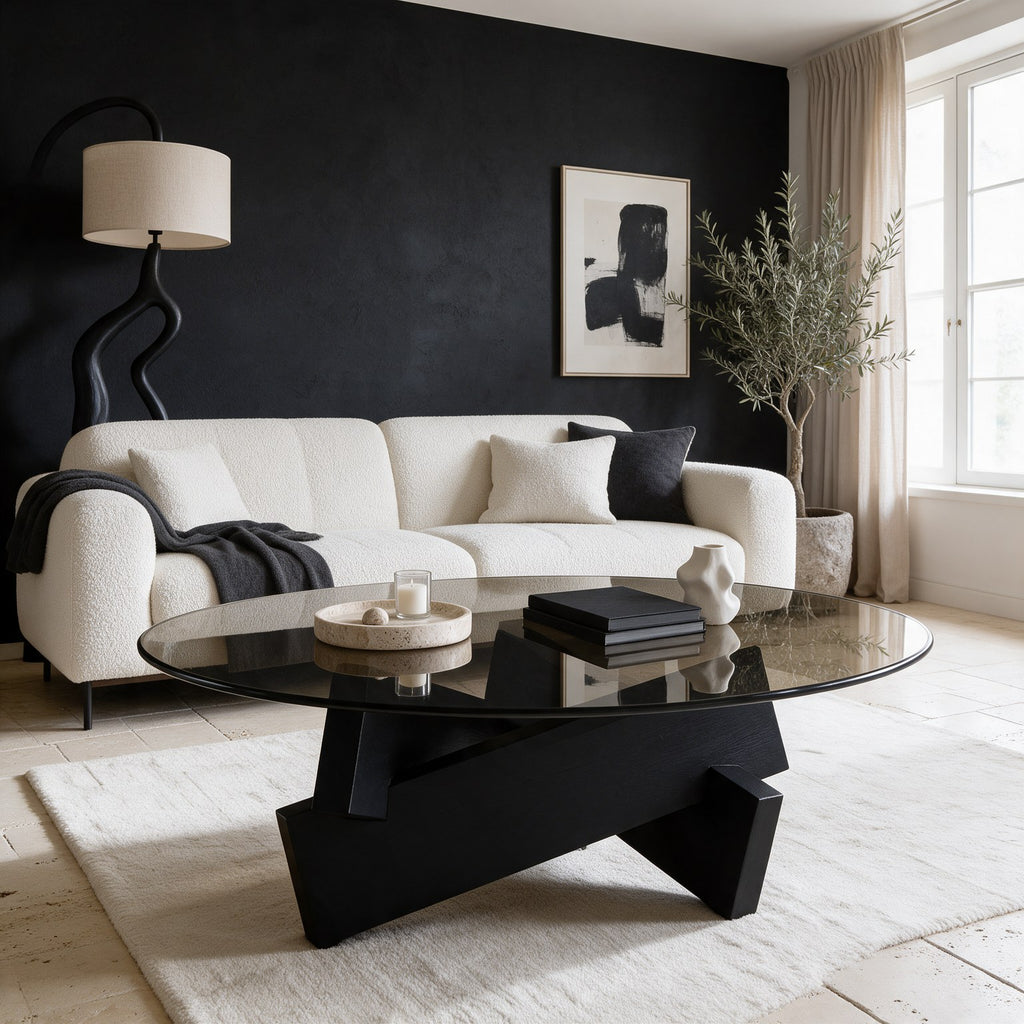 Table basse ronde Orbe teinte Noir, mise en situation dans un salon