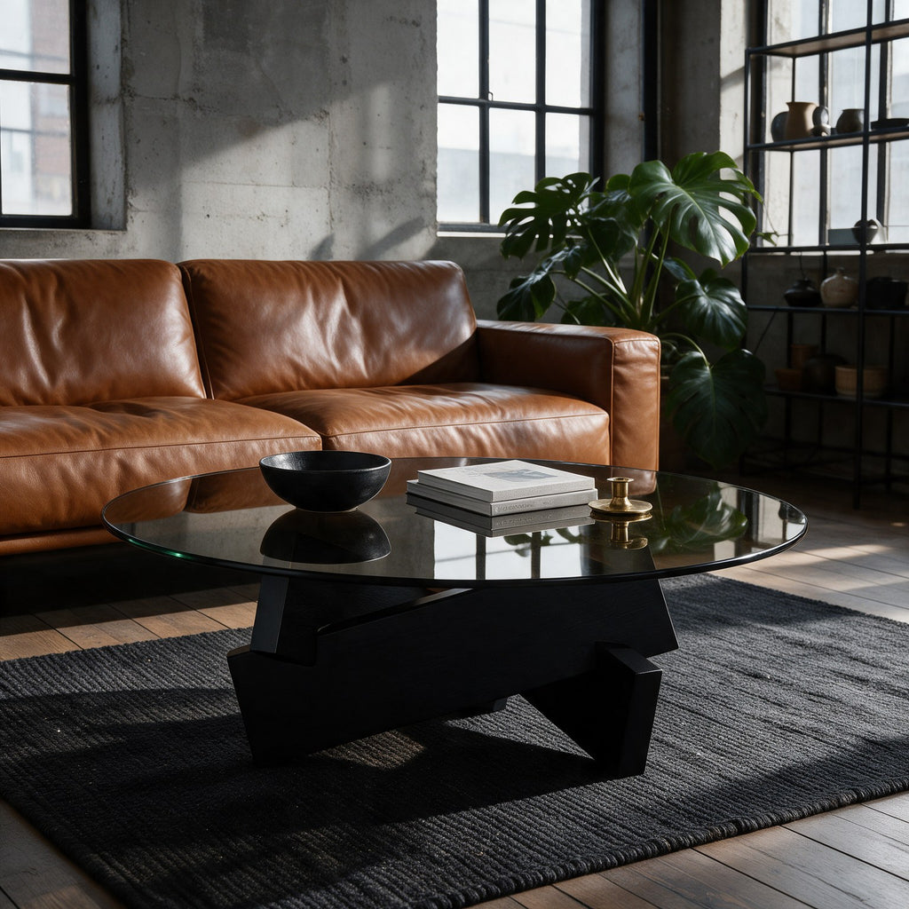 Table basse ronde Orbe teinte Noir, mise en situation dans un second salon