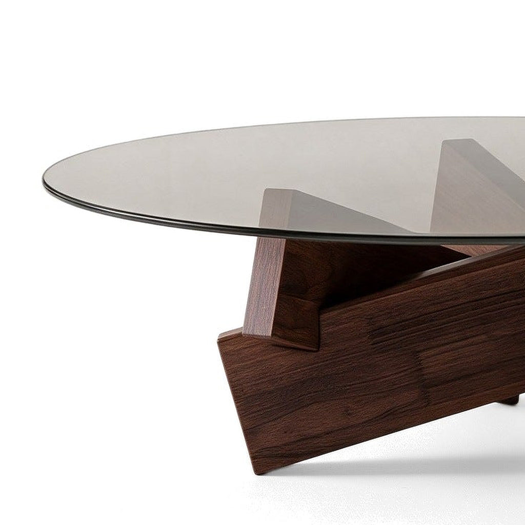 Table basse ronde Orbe teinte Noyer, vue de détail du plateau en verre et du piètement