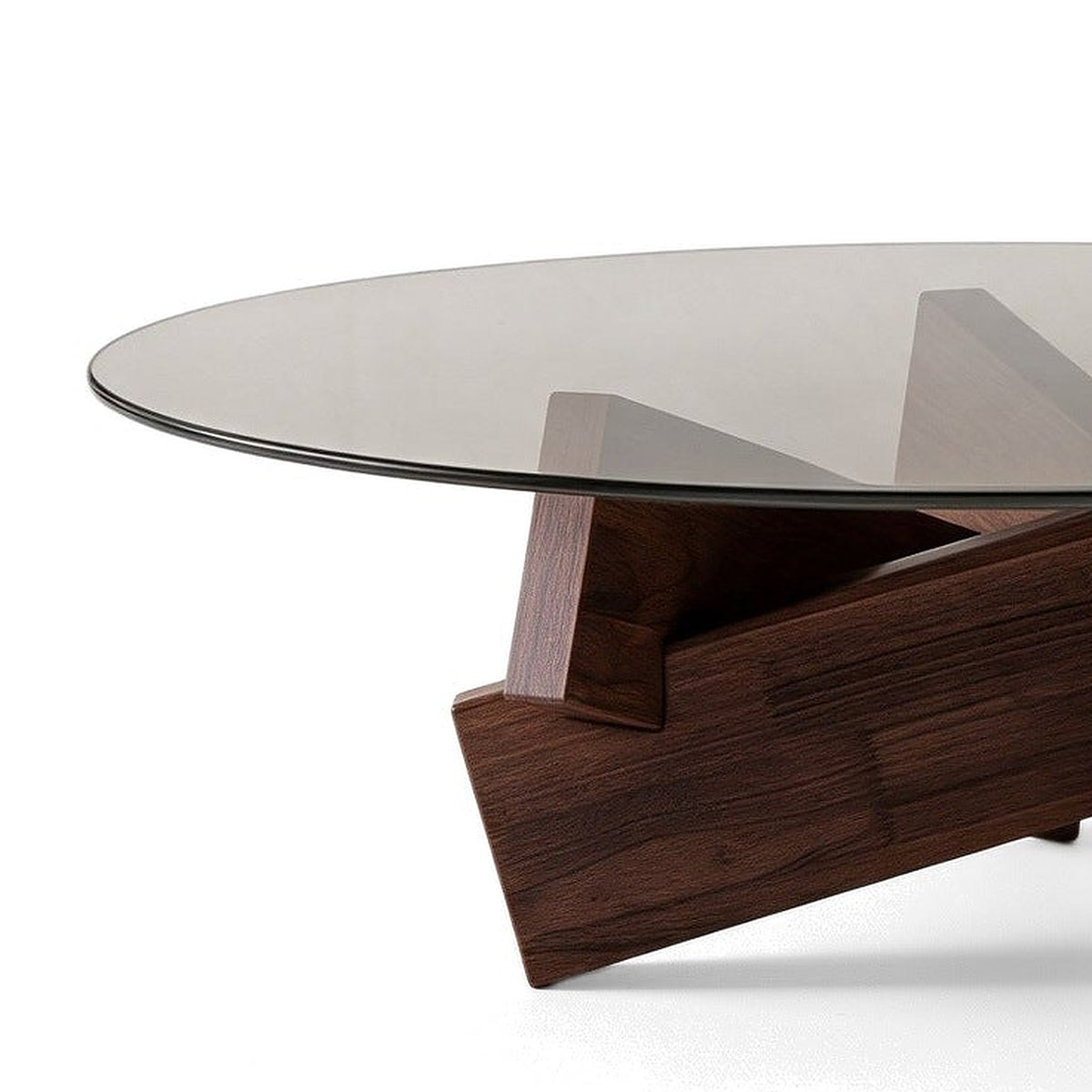 Table basse ronde Orbe teinte Noyer, vue de détail du plateau en verre et du piètement