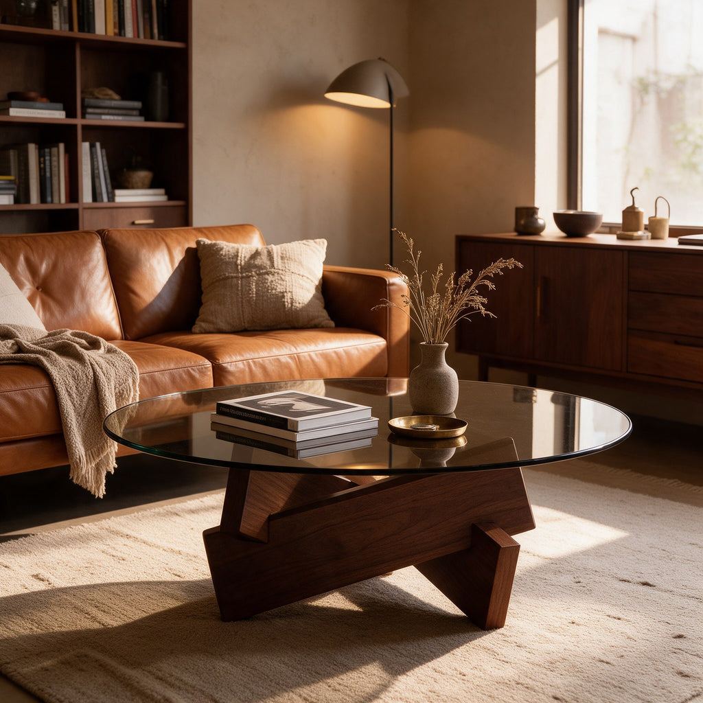Table basse ronde Orbe teinte Noyer, mise en situation dans un salon