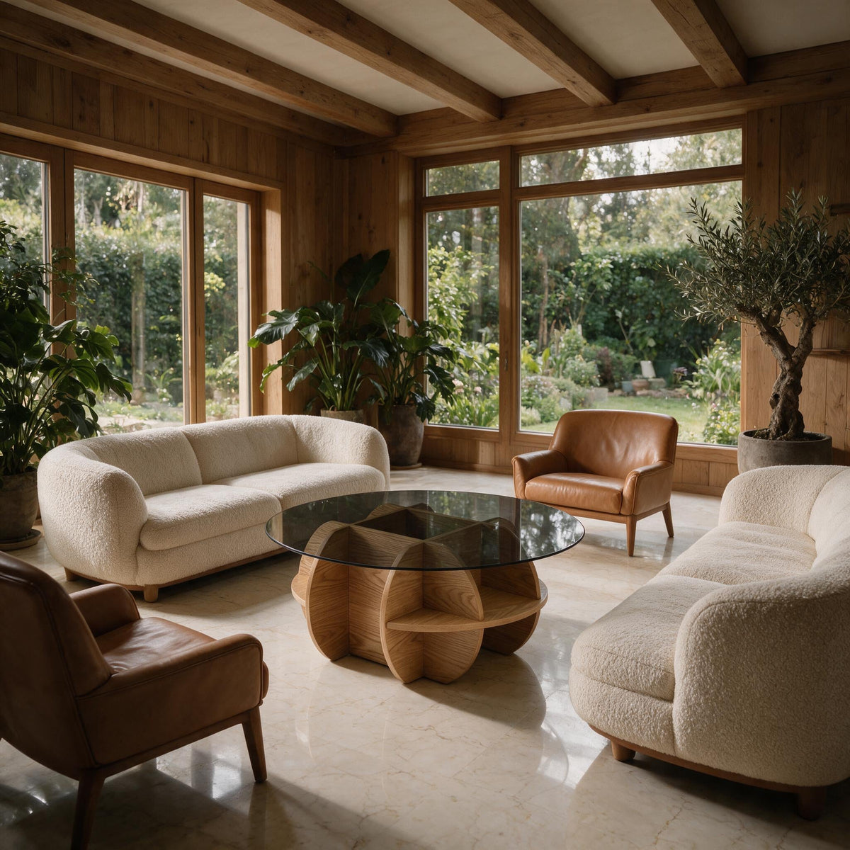 Table basse ronde Pétale chêne naturel, salon avec baie vitrée sur jardin