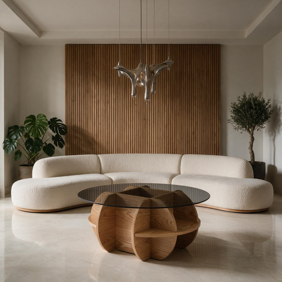 Table basse ronde Pétale chêne naturel, salon contemporain mur à lattes