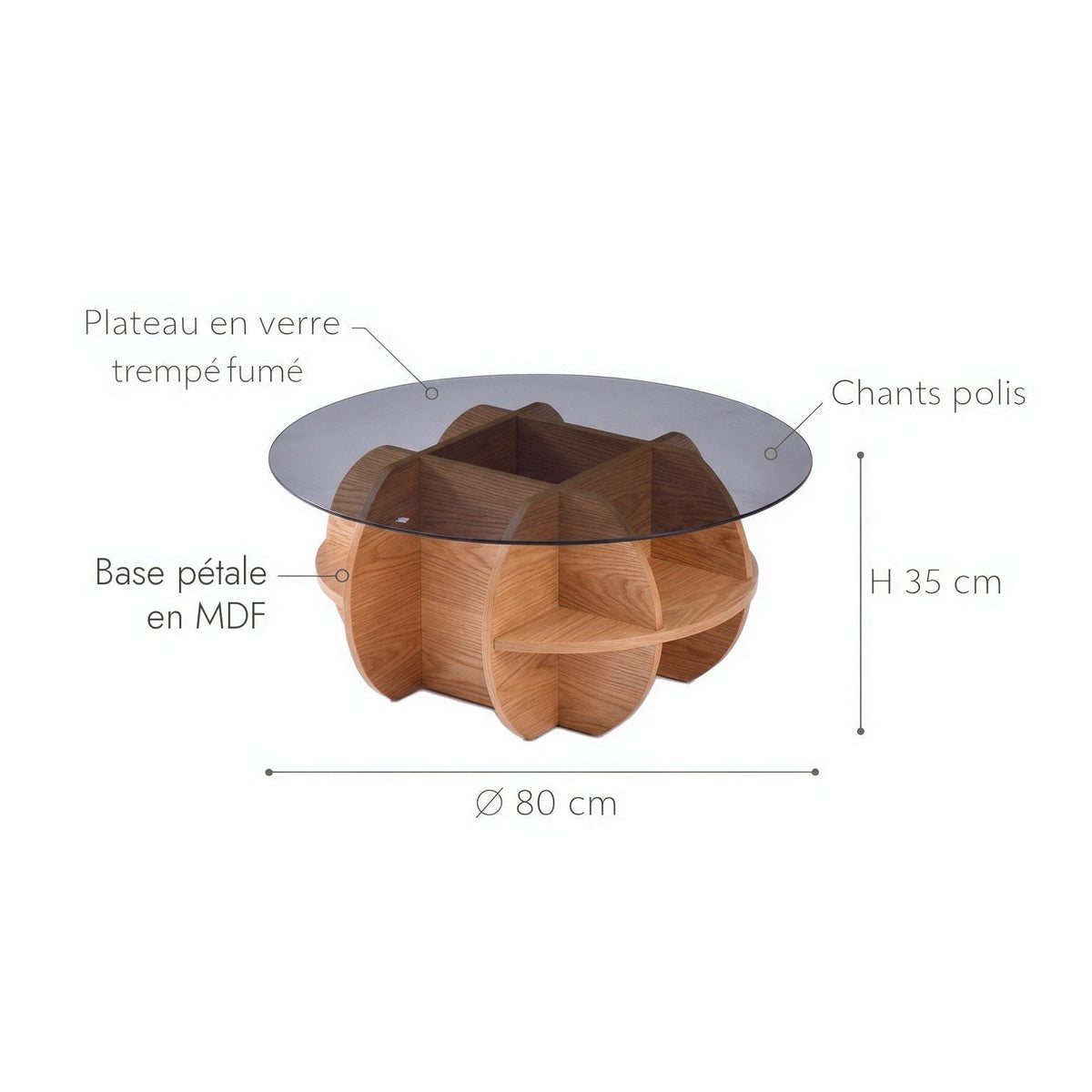 Table basse ronde Pétale : dimensions (Ø 80 × H 35 cm) et matériaux, base pétale en MDF