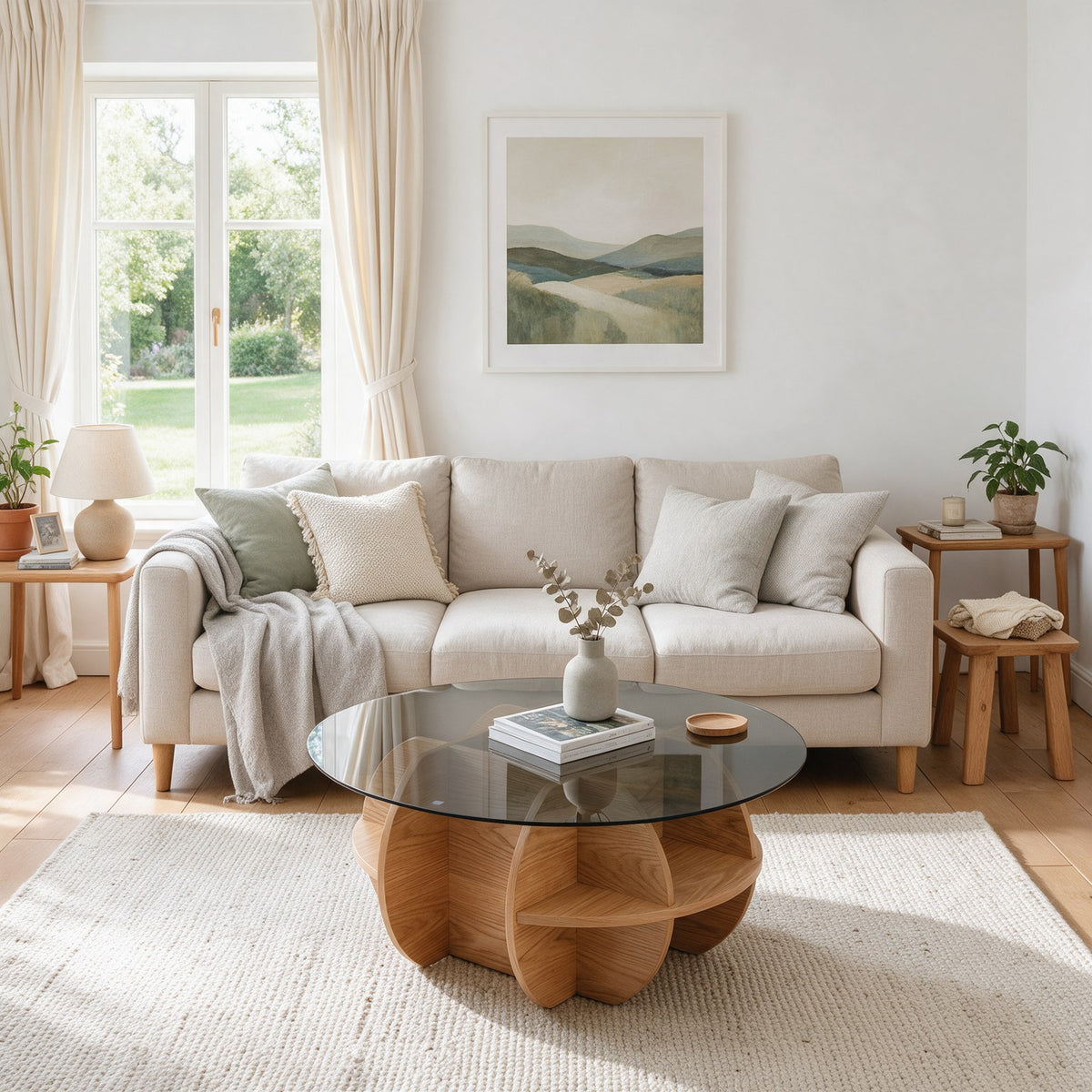 Table basse ronde Pétale teinte Naturel, mise en situation dans un salon