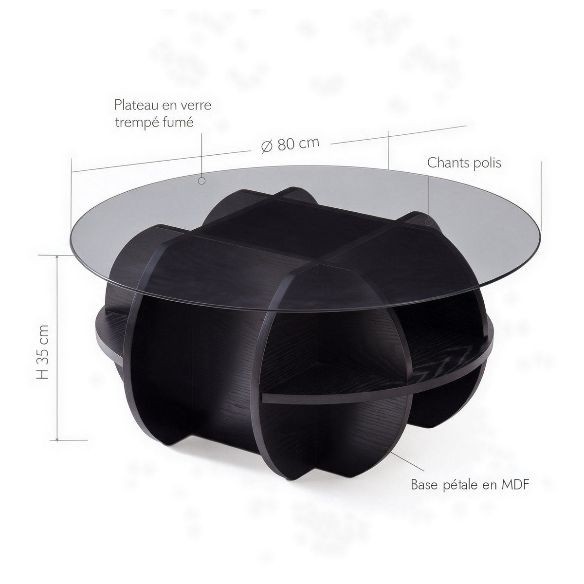 Table basse ronde Pétale teinte Noir : dimensions (Ø 80 × H 35 cm) et matériaux