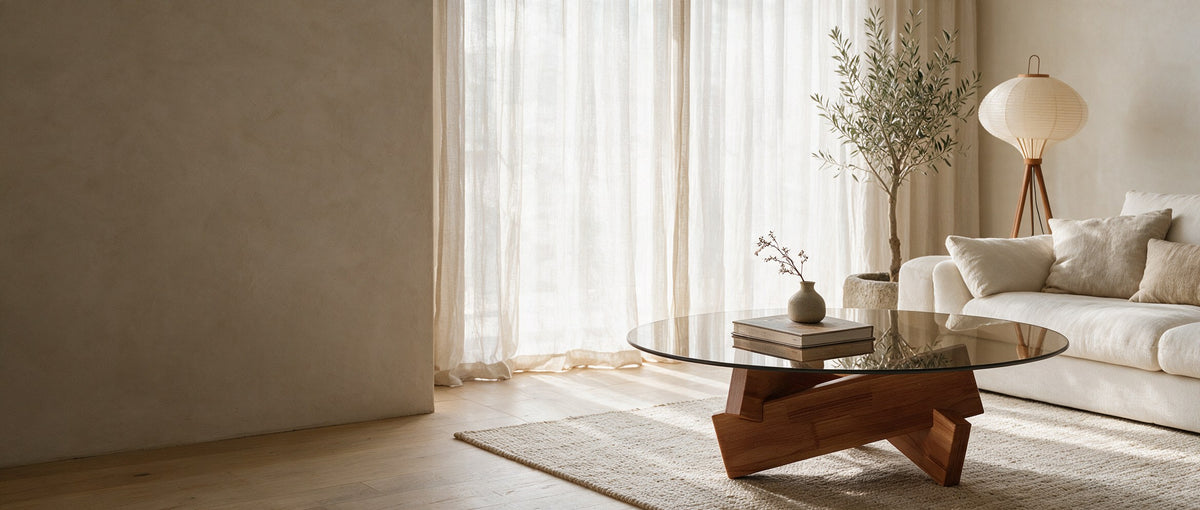 Table basse ronde Orbe en verre fumé et bois dans un salon lumineux aux voilages de lin