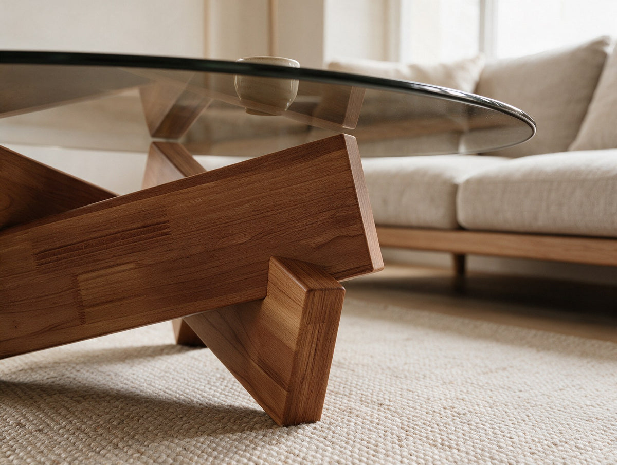 Détail du plateau en verre fumé et du piètement en bois d’Orbe