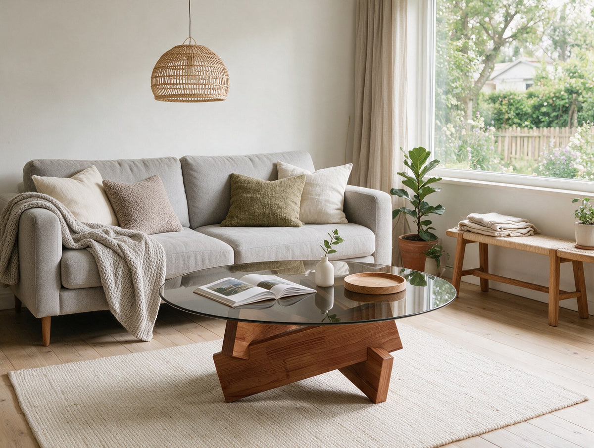 Orbe : table basse en verre fumé dans un salon